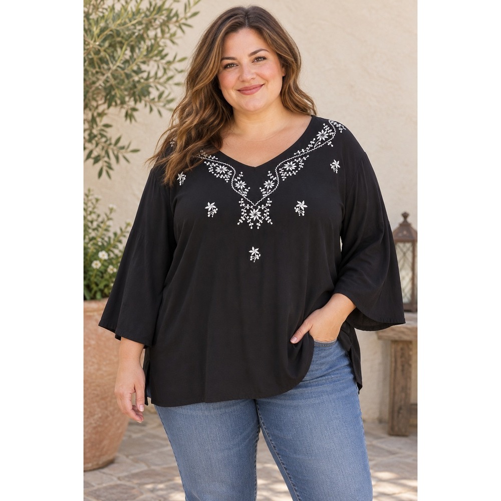 White Stag Women 22W 24W Black Rayon Embroidered Boho Relaxed Fit Tunic Top